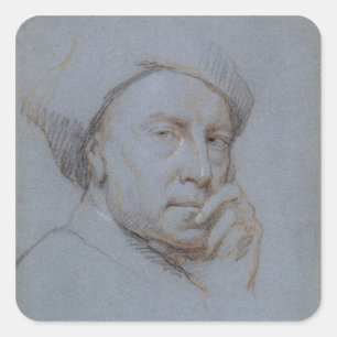 Pegatina Cuadrada Autoretrato (tiza negra, roja y blanca sobre azul