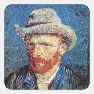 Pegatina Cuadrada Autorretrato de Vincent Van Gogh con sombrero de f