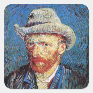 Pegatina Cuadrada Autorretrato de Vincent Van Gogh con sombrero de f