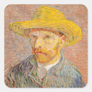 Pegatina Cuadrada Autorretrato de Vincent Van Gogh con sombrero de p