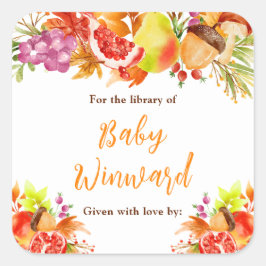 Pegatina Cuadrada Autumn Fall Harvest Baby Shower Bookplate