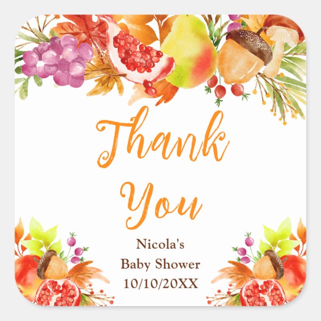 Pegatina Cuadrada Autumn Fall Harvest Baby Shower Thank You (Anverso)