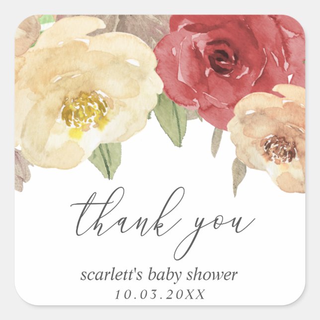 Pegatina Cuadrada Autumn Floral Baby Shower Favor Gracias (Anverso)