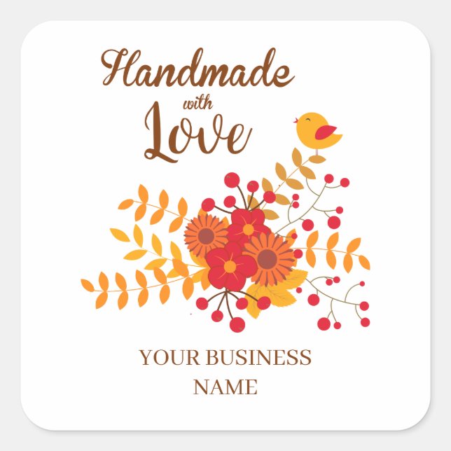 Pegatina Cuadrada Autumn Handmade With Love With Branches & Bird (Anverso)