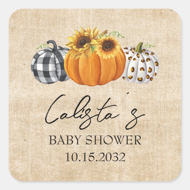 Pegatina Cuadrada Autumn Pumpkin Sunflower Burlap Baby Shower Favore (Anverso)
