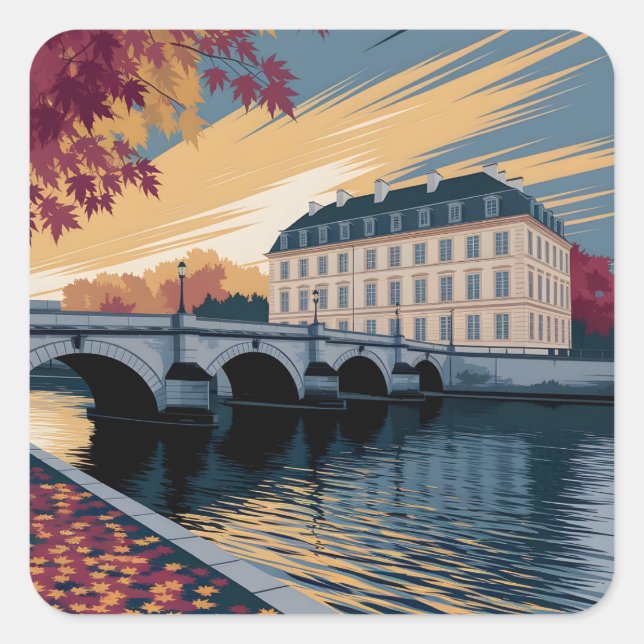 Pegatina Cuadrada Autumn Riverside European City Illustration Art (Anverso)
