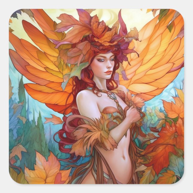 Pegatina Cuadrada Autumn Woodland Fairy Fantasy Art (Anverso)