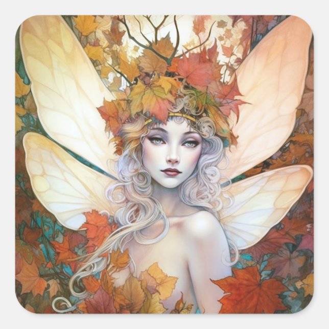 Pegatina Cuadrada Autumn Woodland Fairy Fantasy Art (Anverso)