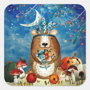 Pegatina Cuadrada Autumn Woodland Friends Ilustracion forestal