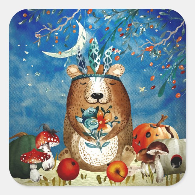 Pegatina Cuadrada Autumn Woodland Friends Ilustracion forestal (Anverso)