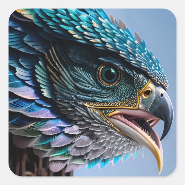 Pegatina Cuadrada Ave asomando por la puerta ornamental (Anverso)