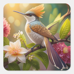 Pegatina Cuadrada Ave Fantasy de Honeyeater con cresta dorada