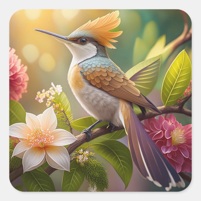 Pegatina Cuadrada Ave Fantasy de Honeyeater con cresta dorada (Anverso)
