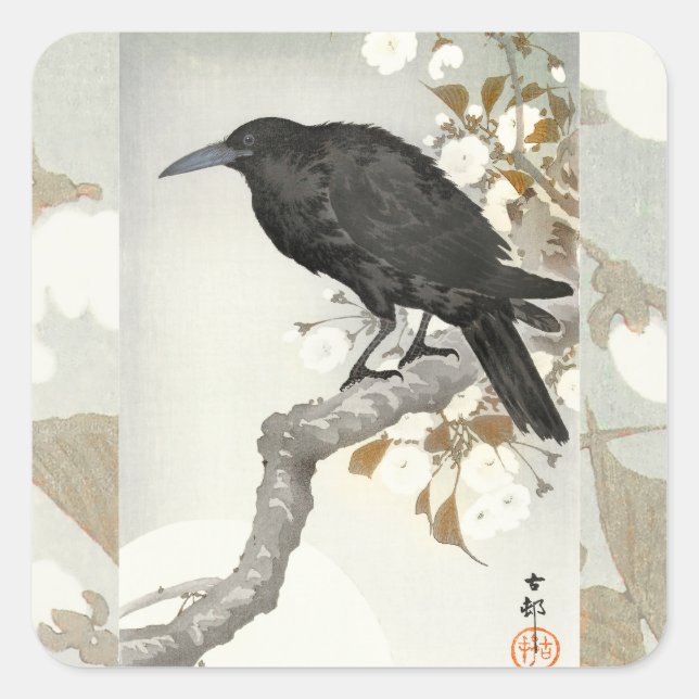 Pegatina Cuadrada Ave japonesa Crow Raven Koson (Anverso)