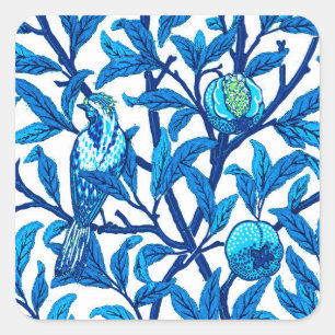 Pegatina Cuadrada Ave y granada Art Nouveau, azul cobalto