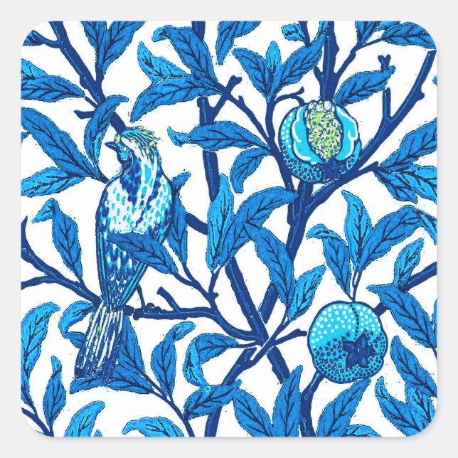 Pegatina Cuadrada Ave y granada Art Nouveau, azul cobalto (Anverso)