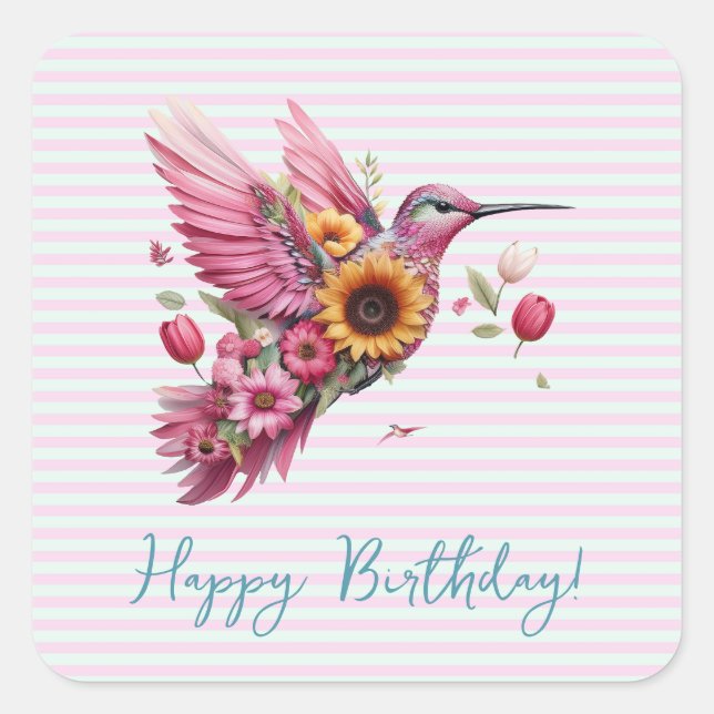 Pegatina Cuadrada Ave zumbido volando Feliz cumpleaños (Anverso)