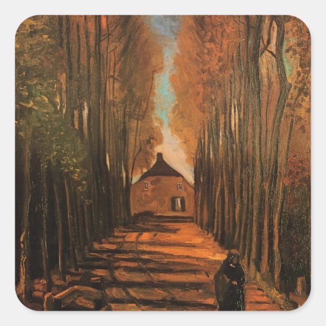 Pegatina Cuadrada Avenida de Poplars en otoño por Vincent van Gogh (Anverso)