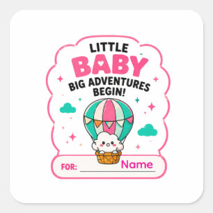 Pegatina Cuadrada 🎈 Aventura de Bebé Comienza Nombre Baby Shower 🎈