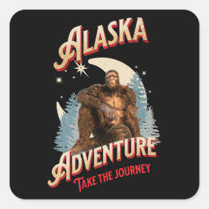 Pegatina Cuadrada Aventura de Bigfoot de Alaska Arte de Retro Natura