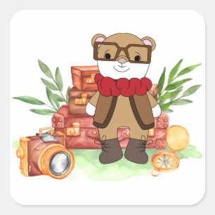 Pegatina Cuadrada Aventura de dibujos animados de oso lindo de viaje