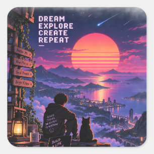 Pegatina Cuadrada Aventura de puesta de sol soñadora retro futurista