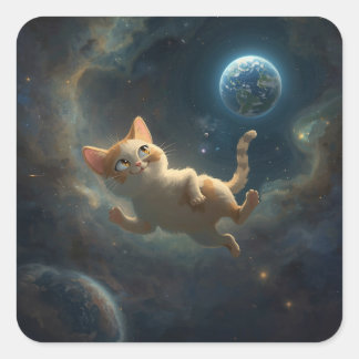 Pegatina Cuadrada Aventura del Gato Cósmico – Pintura Enchantadora d
