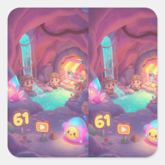 Pegatina Cuadrada Aventura en la cueva de cristal lindo – Chibi colo