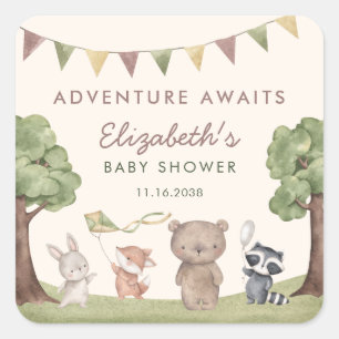 Pegatina Cuadrada Aventura Espera Animales del Bosque Baby Shower