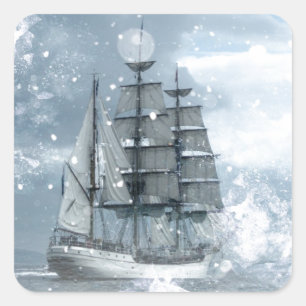 Pegatina Cuadrada aventura invierno tormenta de nieve vintage barco