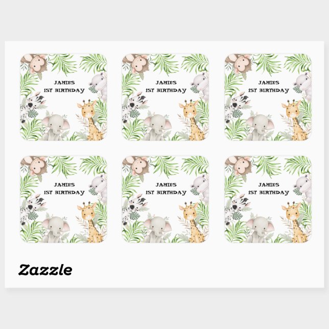 Pegatina Cuadrada Aventura Safari Primer Cumpleaños (Hoja)