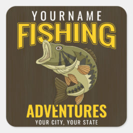 Pegatina Cuadrada Aventuras de pesca personalizadas: pescador de baj