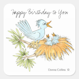 Pegatina Cuadrada Aves azules felices de cumpleaños