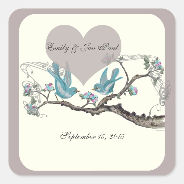 Pegatina Cuadrada Aves de amor ventilado Aqua Rosa caliente y Gris (Anverso)