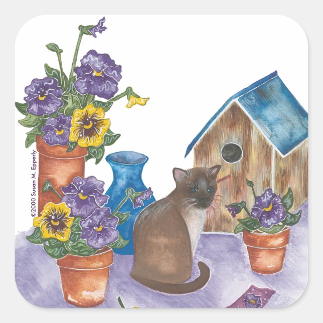 Pegatina Cuadrada Aves de gato siamés Pansies Watercolor "Anthony" (Anverso)