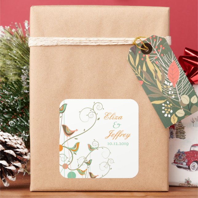 Pegatina Cuadrada Aves de verano extravagantes Moda Boda Jardín (Vacaciones)