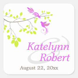 Pegatina Cuadrada Aves elegantes en una rama Boda morado y verde