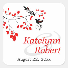 Pegatina Cuadrada Aves elegantes en una rama Boda rojo y negro