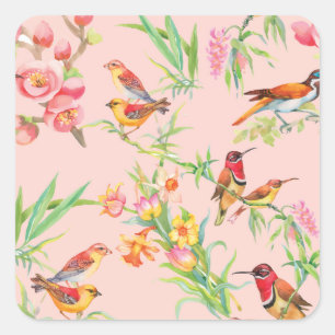 Pegatina Cuadrada Aves Exóticas: Sin Marea Floral Vintage.