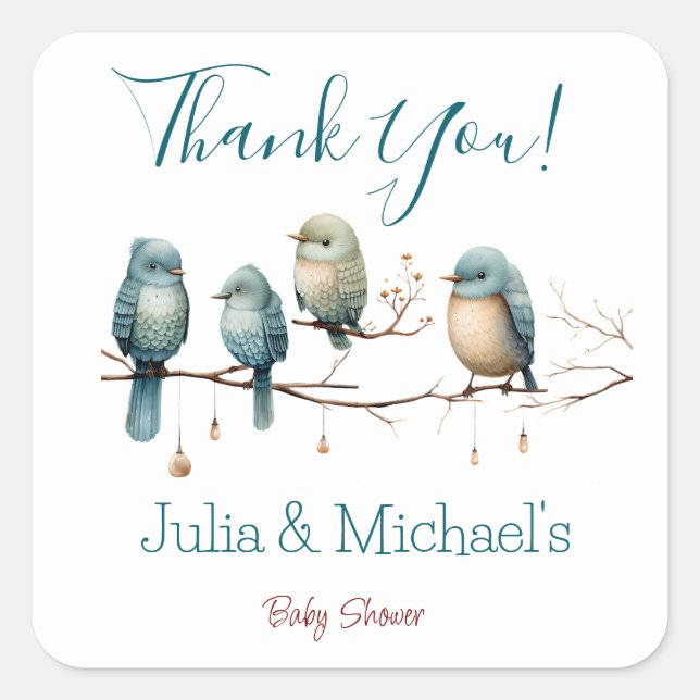 Pegatina Cuadrada Aves extravagantes en las ramas Pastel Baby Shower (Anverso)