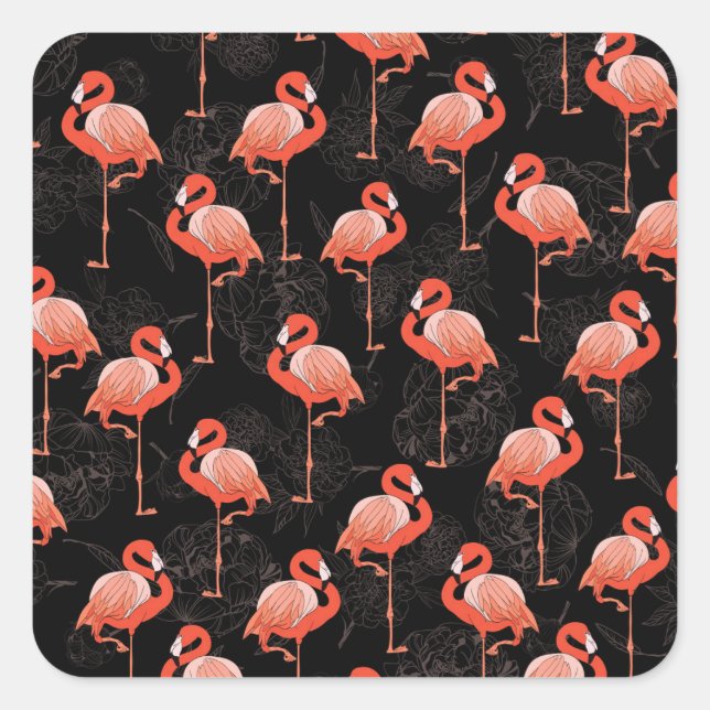 Pegatina Cuadrada Aves Flamingos: Diseño Textil Vintage (Anverso)