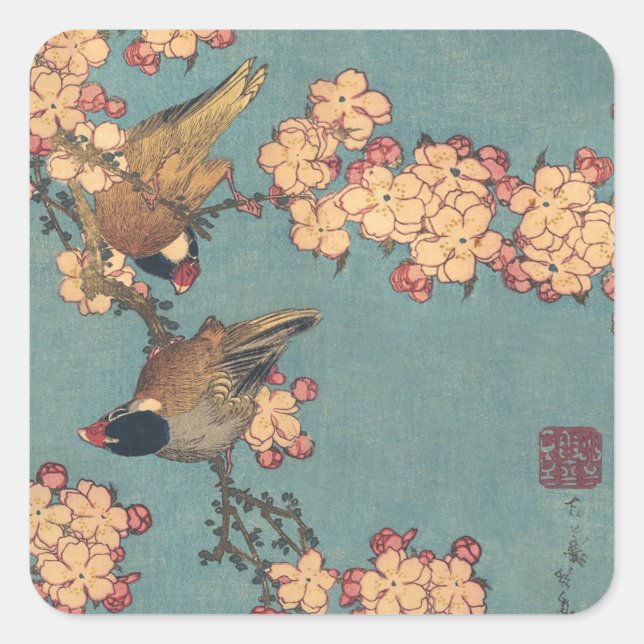 Pegatina Cuadrada Aves flores Hokusai Arte Japonés (Anverso)