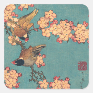 Pegatina Cuadrada Aves flores Hokusai Arte Japonés