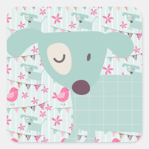 Pegatina Cuadrada Aves, perros, carteles, flores