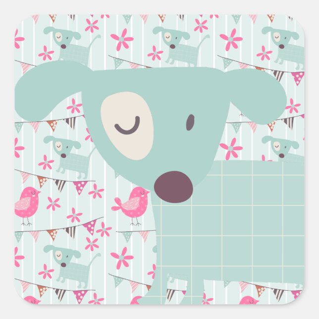 Pegatina Cuadrada Aves, perros, carteles, flores (Anverso)