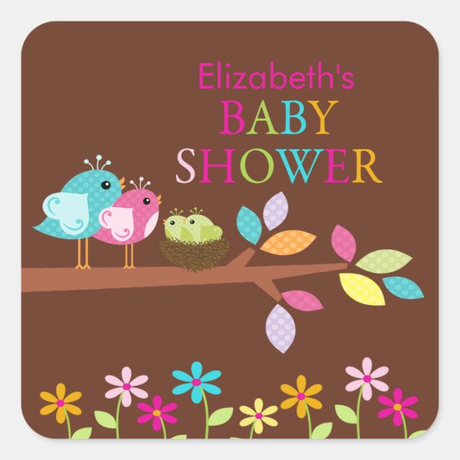 Pegatina Cuadrada Aves ricas Nido Gracias Gemelos Baby Shower Square (Anverso)