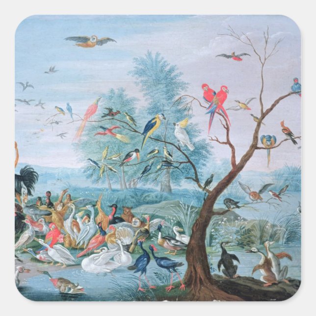 Pegatina Cuadrada Aves tropicales en un paisaje (Anverso)