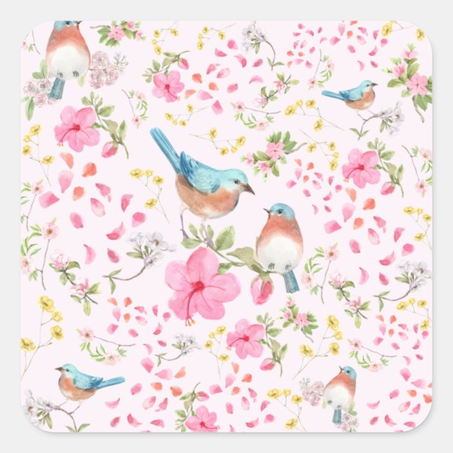 Pegatina Cuadrada Aves y flores coloridas de primavera (Anverso)