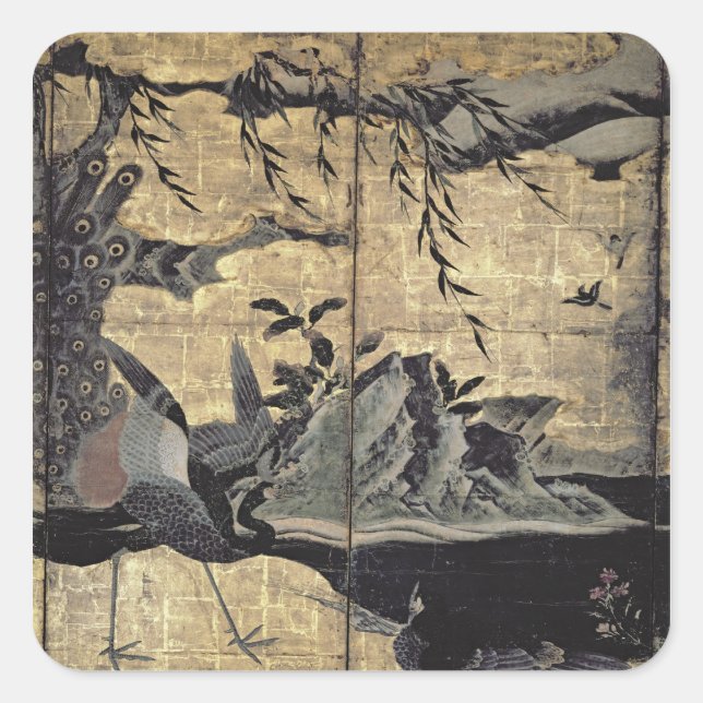 Pegatina Cuadrada Aves y flores de las cuatro estaciones (Anverso)