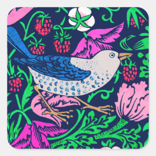 Pegatina Cuadrada Aves y flores William Morris, Marina y Fuchsia